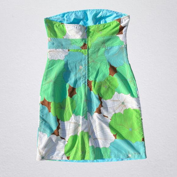 Floral striped reversible strapless mini dress Y2K groovy bohemian tropical chic - Picture 3 of 14